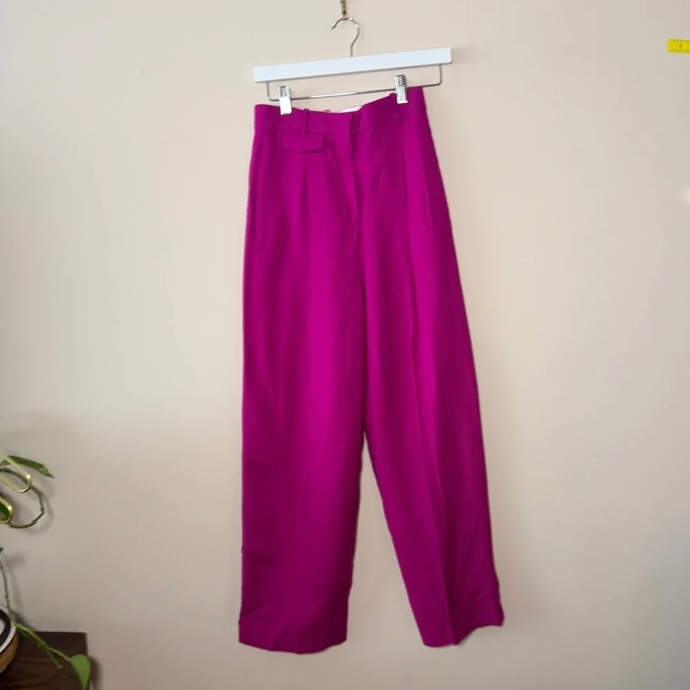 COS Bright Magenta Trousers Wide Leg - Adjustable Waist -Pockets 2 Linen Blend